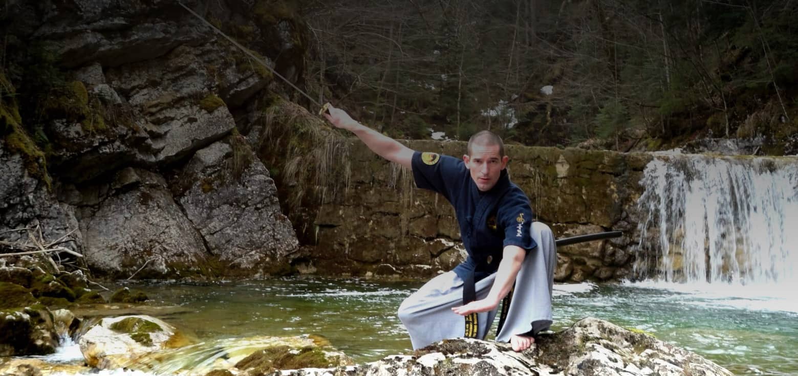 Schwertkämpfer vor einem Wasserfall